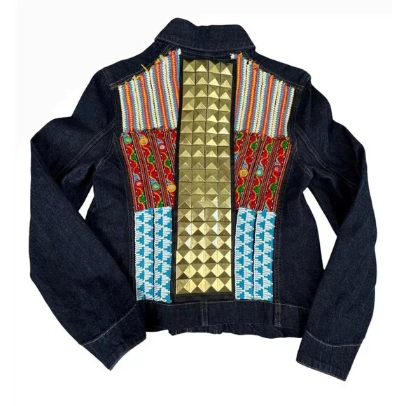 True Religion Womens M Denim CollarJacket Camden Blue Accent Embroidered - Picture 1 of 16